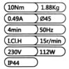 10Nm motor 60mm fémtengelyhez Exra rövid. (OM 45 SD-10/15) műszaki adatok