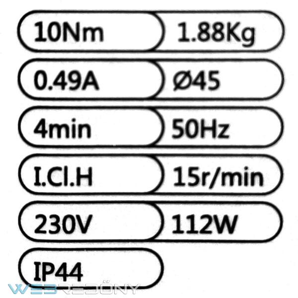 10Nm motor 60mm fémtengelyhez Exra rövid. (OM 45 SD-10/15) műszaki adatok